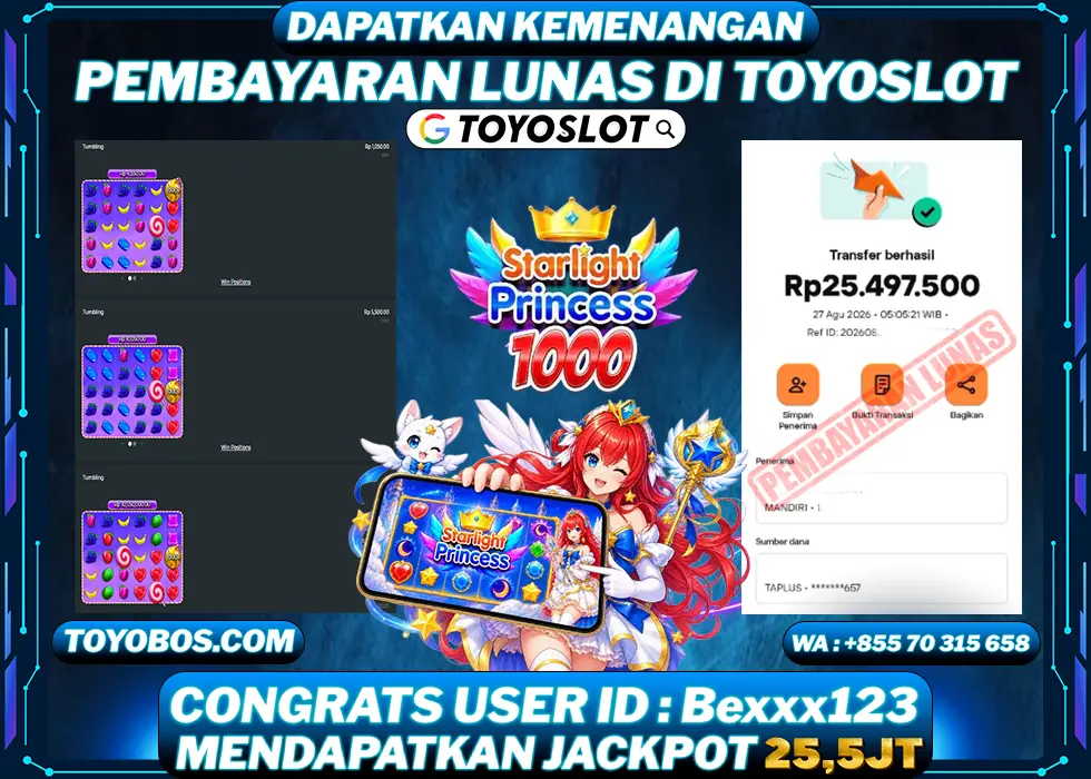 TOYOSLOT - BUKTI KEMENANGAN JACKPOT Starlight Princess 1000 Rp25,500,000,- LUNAS